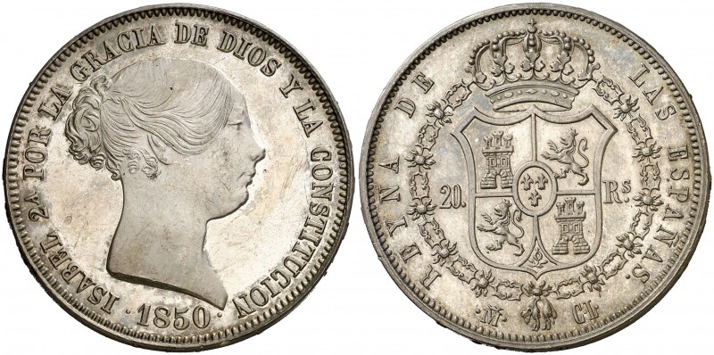 1850. Isabel II. Madrid. CL. 20 reales. (AC. 591, mismo ejemplar). 26,04 g. Prue...