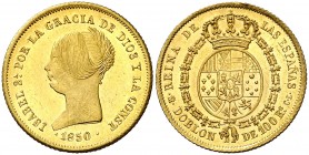 1850. Isabel II. Madrid. CL. Doblón de 100 reales. (AC. 757). 8,21 g. Bellísima. Brillo original. Relieves mate. Fondo brillante. Rara así. S/C-/S/C....
