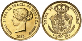 1855. Isabel II. Madrid. 100 reales. (AC. 782, mismo ejemplar). 8,40 g. Mínimas rayitas. Bella. Brillo original. Única conocida. EBC+.