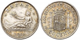 1869*69. Gobierno Provisional. SNM. 50 céntimos. (AC. 13). 2,56 g. Bella. Preciosa pátina. Rara así. EBC+/EBC.