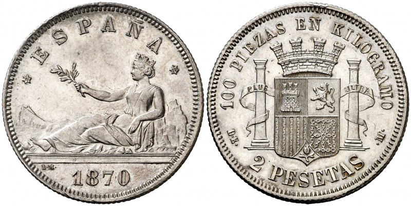 1870*1873. I República. DEM. 2 pesetas. (AC. 28). 10 g. Mínimos golpecitos. Bell...