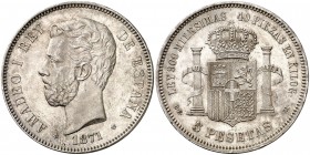1871*1873. Amadeo I. DEM. 5 pesetas. (AC. 3). 25,04 g. Bellísima. Brillo original. Ejemplar extraordinario para esta rara pieza. S/C-.