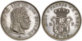 1874. Carlos VII, Pretendiente. Bruselas. 5 pesetas. (AC. 13). 25 g. Escudito de Catalunya en anverso. Canto liso. Muy bella. Brillo original. Rara. S...
