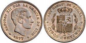 1877. Alfonso XII. Barcelona. . 5 céntimos. (AC. 4). 5 g. Muy bella. Pátina marrón-rojiza. Escasa así. S/C-.