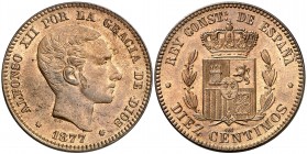 1877. Alfonso XII. Barcelona. . 10 céntimos. (AC. 8). 10,05 g. Muy bella. Preciosa pátina. Escasa así. S/C-.