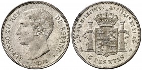 1875*1875. Alfonso XII. DEM. 5 pesetas. (AC. 35). 24,81 g. Bella. Brillo original. Rara así. S/C-.