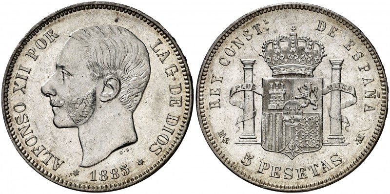 1885*1887. Alfonso XII. MSM. 5 pesetas. (AC. 62). 24,88 g. Bella. Rara así. EBC+...