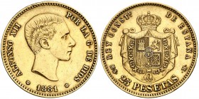 1881/0*1881. Alfonso XII. MSM. 25 pesetas. (AC. 80). 8,05 g. La alfonsina de 1881 del primer tipo sin barba es seguramente la pieza más rara del Cente...