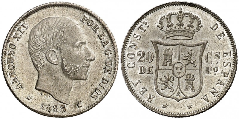 1883. Alfonso XII. Manila. 20 centavos. (AC. 109). 5,21 g. Muy bella. Brillo ori...