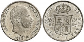 1883. Alfonso XII. Manila. 20 centavos. (AC. 109). 5,21 g. Muy bella. Brillo original. Rara así. S/C-.
