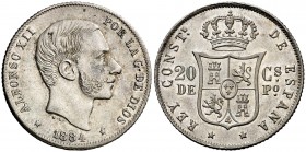 1884. Alfonso XII. Manila. 20 centavos. (AC. 110). 5,10 g. Muy bella. Pleno brillo original. Rara así. S/C-.