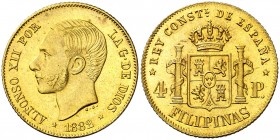 1882. Alfonso XII. Manila. 4 pesos. (AC. 127). 6,77 g. Muy bella. Brillo original. Rara así. S/C-.