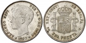 1902*1902. Alfonso XIII. SMV. 1 peseta. (AC. 64). 4,94 g. Bella. Parte de brillo original. Ex Colección Manuela Etcheverría. Escasa así. S/C-.
