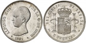 1891*1891. Alfonso XIII. PGM. 5 pesetas. (AC. 98). 24,74 g. Leves marquitas. Bella. Brillo original. Escasa así. S/C-.