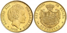 1892*1892. Alfonso XIII. PGM. 20 pesetas. (AC. 115). 6,44 g. Tipo "bucles". Mínimas marquitas. Bella. Brillo original. Rara y más así. EBC+.