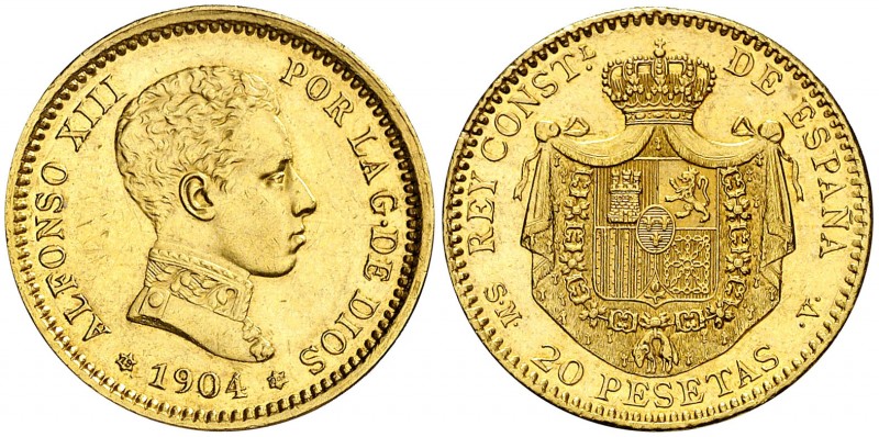1904*1904. Alfonso XIII. SMV. 20 pesetas. (AC. 117). 6,43 g. Tipo "cadete". Leve...