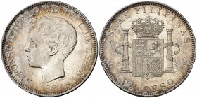 1897. Alfonso XIII. Manila. SGV. 1 peso. (AC. 122). 25,06 g. Bella. Preciosa pátina. Brillo original. Escasa así. EBC+.