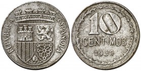 1938. II República. 10 céntimos. (AC. 9). 3,77 g. Mínimas manchitas. Muy buen ejemplar. Muy rara así. EBC+.