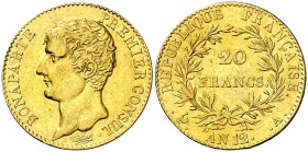 An 12 (1804). Francia. Napoleón. A (París). 20 francos. (Fr. 480) (Kr. 651). 6,44 g. AU. Bella. Brillo original. Escasa así. EBC-/EBC.