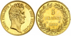 1830. Francia. Luis Felipe I. A (París). 5 francos. (Fr. falta) (Kr. falta) (Gadoury 676a). 42,33 g. AU. Prueba en oro. Ligeramente limpiada. Muy bell...