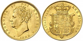 1829. Gran Bretaña. Jorge IV. 1 libra. (Fr. 377) (Kr. 696). 7,97 g. AU. Mínima rayita en reverso. Bella. Brillo original. Rara así. EBC+.