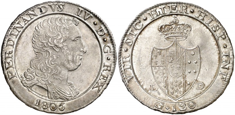 1805. Italia. Fernando IV, Infante de España. Nápoles. L-D. 1 piastra/120 grana....