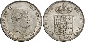 1855. Italia. Fernando II de Dos Sicilias. Nápoles. 120 grana. (Kr. 370) (Dav. 175) (MIR. 503/4). 27,52 g. AG. Bella. Brillo original. Ex Áureo 18/09/...