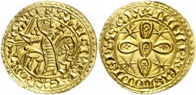 Portugal. Sancho I (1185-1211). Morabetino (180 dinheiros). (Fr. 1) (Gomes 04.01). 3,72 g. AU. Bellísima. Muy rara y más así. S/C-.