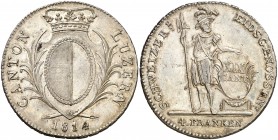 1814. Suiza. Lucerna. 4 francos. (Kr. 109). 29,37 g. AG. Bella. Brillo original. Rara así. EBC+.