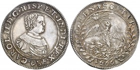 1666. Carlos II. Amberes. Medalla de Proclamación. Módulo 2 reales. (Ha. 5, de Bruselas) (V.Q. 12888, de Bruselas). 5,40 g. Plata. Bella. Brillo origi...