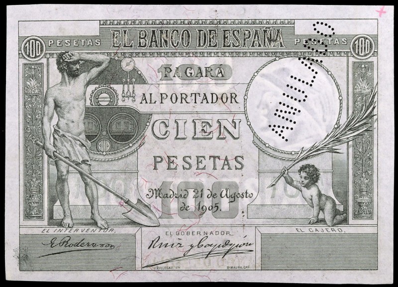 1905. 100 pesetas. (Ed. NE13) (Ed. NE12). 21 de agosto. ANULADO en taladros. Rar...