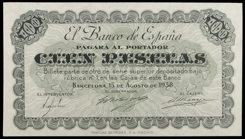 1938. Barcelona. 100 pesetas. (Ed. NE37). 15 de agosto. Prueba no emitida. Fondo...