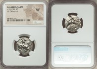 CALABRIA. Tarentum. Ca. 332-302 BC. AR stater or didrachm (21mm, 5h). NGC VF. Sa- and Ar-, magistrates. Warrior on horseback charging right, shield an...