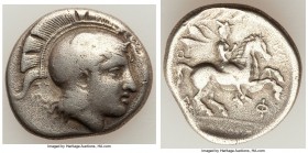 THESSALY. Pharsalus. Ca. late 5th century BC. AR drachm (20mm, 5.66 gm, 10h). About Fine, scuff. Signed by the engraver Telephantos. Head of Athena ri...