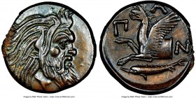 CIMMERIAN BOSPORUS. Panticapaeum. 4th century BC. AE (21mm, 12h). NGC Choice XF. Head of bearded Pan right / Π-A-N, forepart of griffin left, sturgeon...