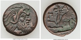 CIMMERIAN BOSPORUS. Panticapaeum. 4th century BC. AE (21mm, 6.62 gm, 11h). VF. Head of bearded Pan right / Π-A-N, forepart of griffin left, sturgeon l...