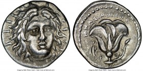 CARIAN ISLANDS. Rhodes. Ca. 250-230 BC. AR didrachm (21mm, 12h). NGC XF. Mnasimaxus, magistrate. Radiate head of Helios facing, turned slightly right,...