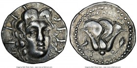 CARIAN ISLANDS. Rhodes. Ca. 205-190 BC. AR didrachm (21mm, 12h). NGC XF. Mnasimaxus, magistrate. Radiate head of Helios facing, turned slightly right,...