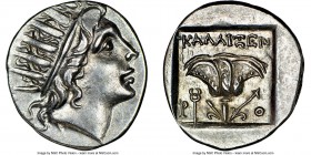 CARIAN ISLANDS. Rhodes. Ca. 88-84 BC. AR drachm (16mm, 11h). NGC Choice AU. Plinthophoric standard, Callixein(us), magistrate. Radiate head of Helios ...
