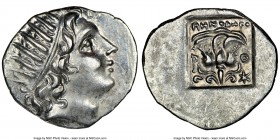 CARIAN ISLANDS. Rhodes. Ca. 88-84 BC. AR drachm (16mm, 11h). NGC Choice AU. 'Plinthophoric' coinage, Menodorus, magistrate. Radiate head of Helios rig...