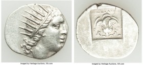 CARIAN ISLANDS. Rhodes. Ca. 88-84 BC. AR drachm (17mm, 2.23 gm, 11h). XF. 'Plinthophoric' coinage, Menodorus, magistrate. Radiate head of Helios right...
