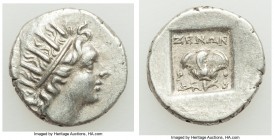 CARIAN ISLANDS. Rhodes. Ca. 88-84 BC. AR drachm (15mm, 2.85 gm, 12h). XF. Plinthophoric standard, Zenon, magistrate. Radiate head of Helios right / ZH...