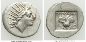 CARIAN ISLANDS. Rhodes. Ca. 88-84 BC. AR drachm (16mm, 2.48 gm, 2h). XF. Plinthophoric standard, Thrasymedes, magistrate. Radiate head of Helios right...