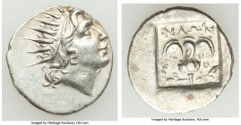 CARIAN ISLANDS. Rhodes. Ca. 88-84 BC. AR drachm (16mm, 2.46gm, 11h). About AU. Plinthophoric standard, Philon, magistrate. Radiate head of Helios righ...