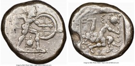 PAMPHYLIA. Aspendus. Ca. mid-5th century BC. AR stater (21mm, 4h). NGC VF. Helmeted nude hoplite warrior advancing right, shield in left hand, spear f...