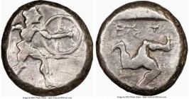 PAMPHYLIA. Aspendus. Ca. mid-5th century BC. AR stater (19mm, 7h). NGC Choice Fine. Helmeted nude hoplite advancing right, shield on left arm, spear f...