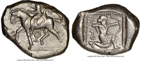 CILICIA. Tarsus. Ca. late 5th century BC. AR stater (23mm, 4h). NGC XF. Ca. 420-410 BC. Satrap on horseback riding left, reins in left hand, lotus upw...