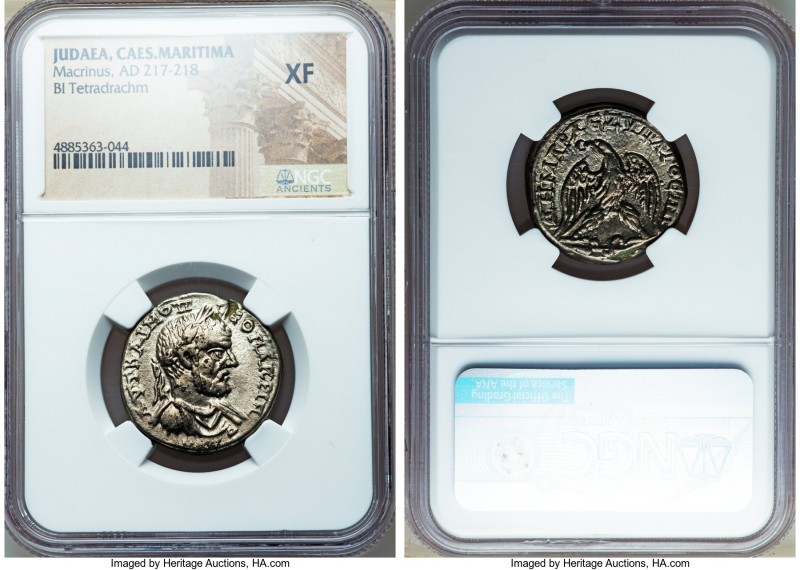 JUDAEA. Caesarea Maritima. Macrinus (AD 217-218). AR tetradrachm (25mm, 6h). NGC...