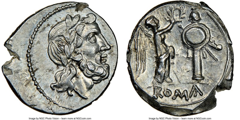 Anonymous. Ca. 211-208 BC. AR victoriatus (17mm, 3.09 gm, 10h). NGC MS 4/5 - 4/5...