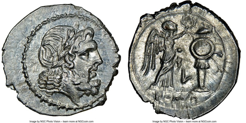 Anonymous. Ca. 211-208 BC. AR victoriatus (19mm, 3.17 gm, 9h). NGC MS 4/5 - 4/5....